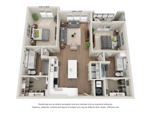 Floor plan for 2 beds, 2 baths, 1174 sqft